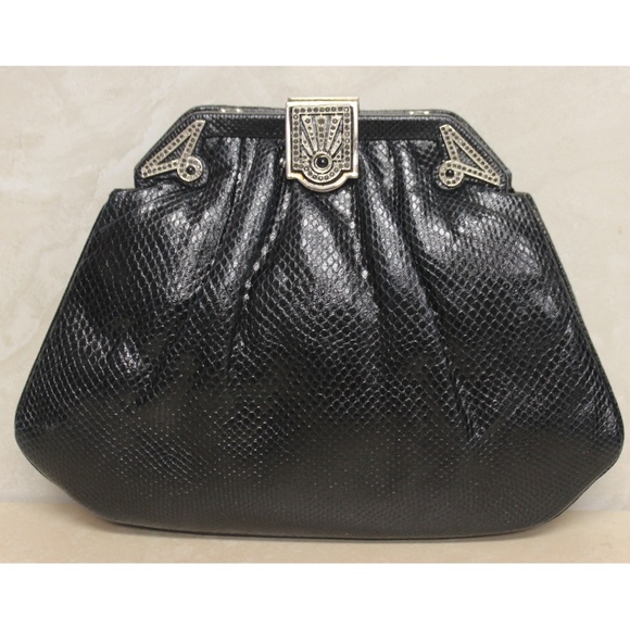 Judith Leiber Black Lizard Gold Top Black Stone Clutch  JUDITH LEIBER Black Gemstones Clutch Shoulder Bag